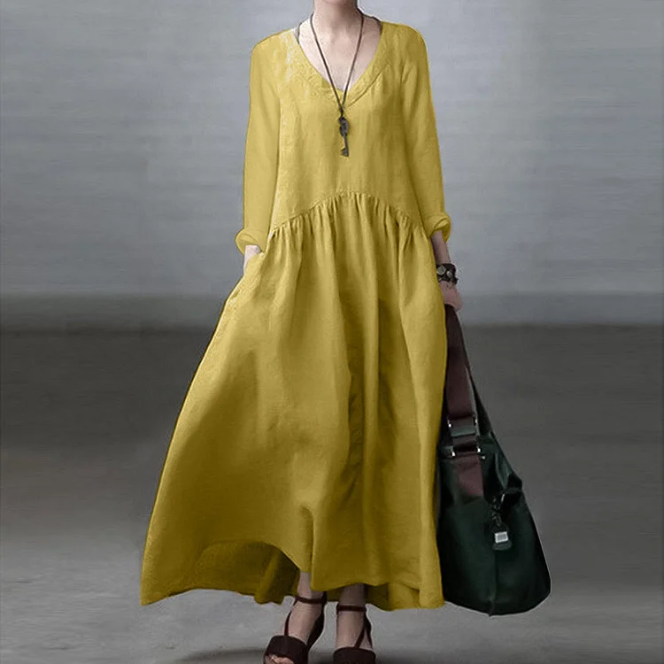 Vintage Cotton Linen V Neck Long Sleeve Comfy Maxi Dress
