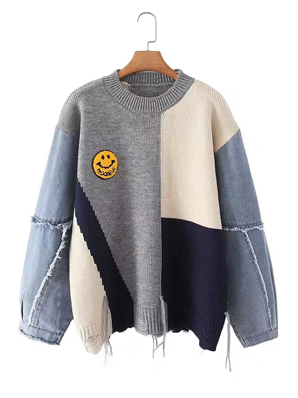 Loose Denim Patchwork Smiley Face Round Neck Sweater
