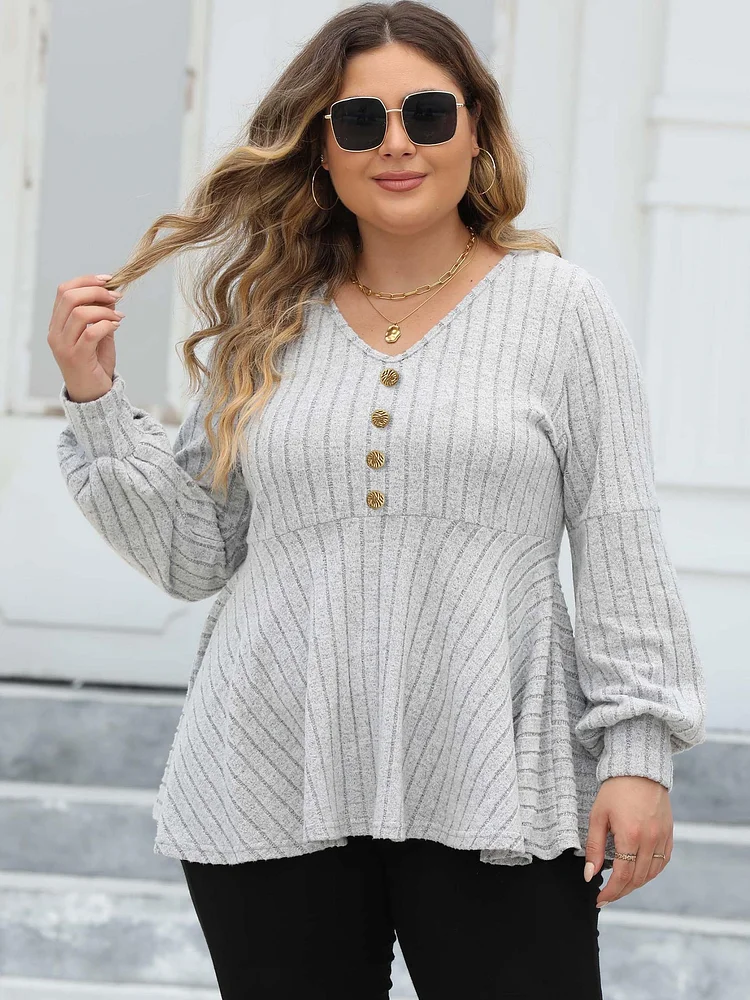 Autumn & Winter Versatile Style! EU/US Plus Size Women's Khaki Stripe V-Neck Loose Pullover Sweater | Slim-Fitting & Practical👚