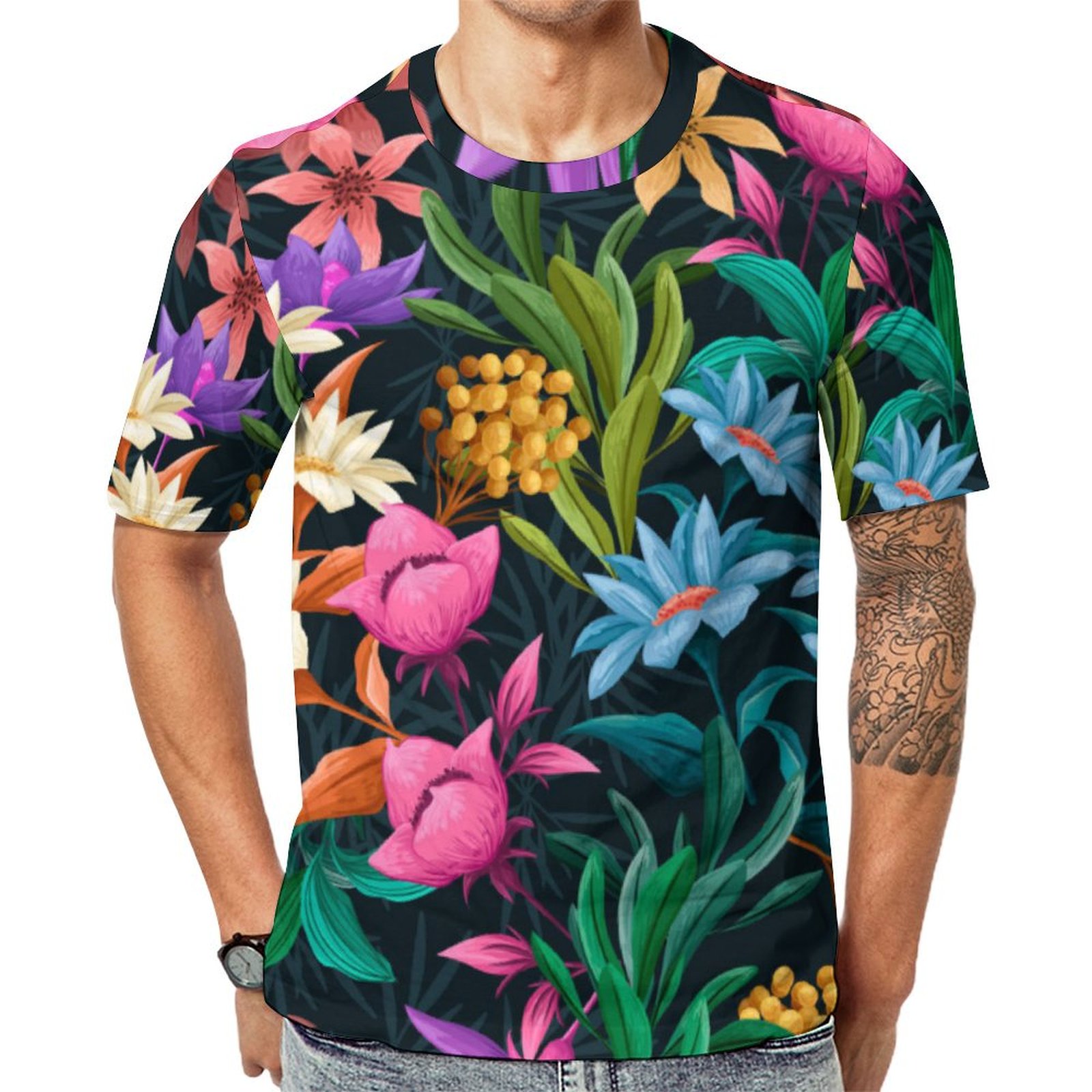 Hand Painted Exotic Floral Short Sleeve Print Unisex Tshirt Summer Casual Tees for Men and Women Coolcoshirts