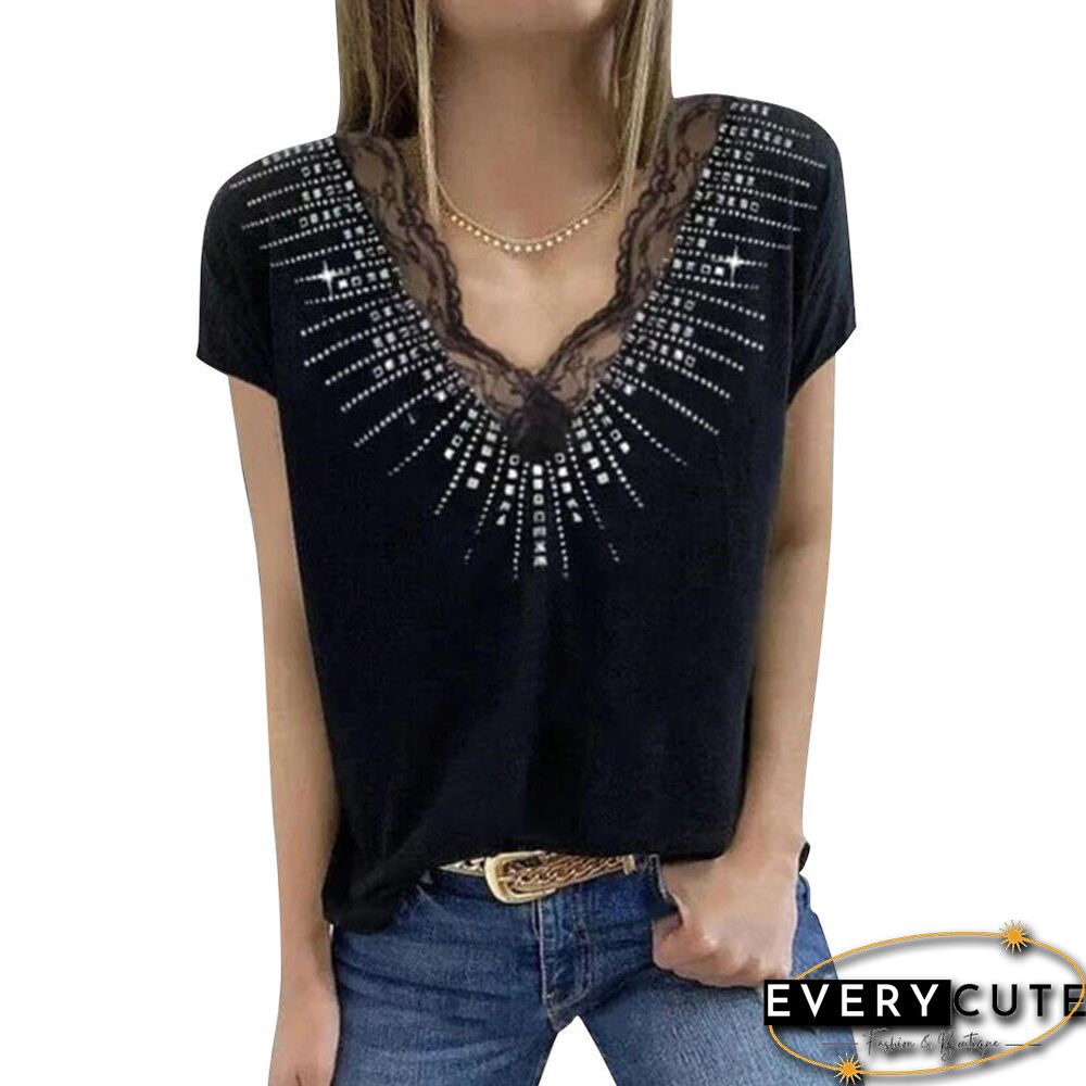 Women's Lace Splicing Deep V-Neck Tops Sequin Print Short Sleeve Blouse Tee Y2K Solid Casual Shirts Summer Chic Ladies Tops D30