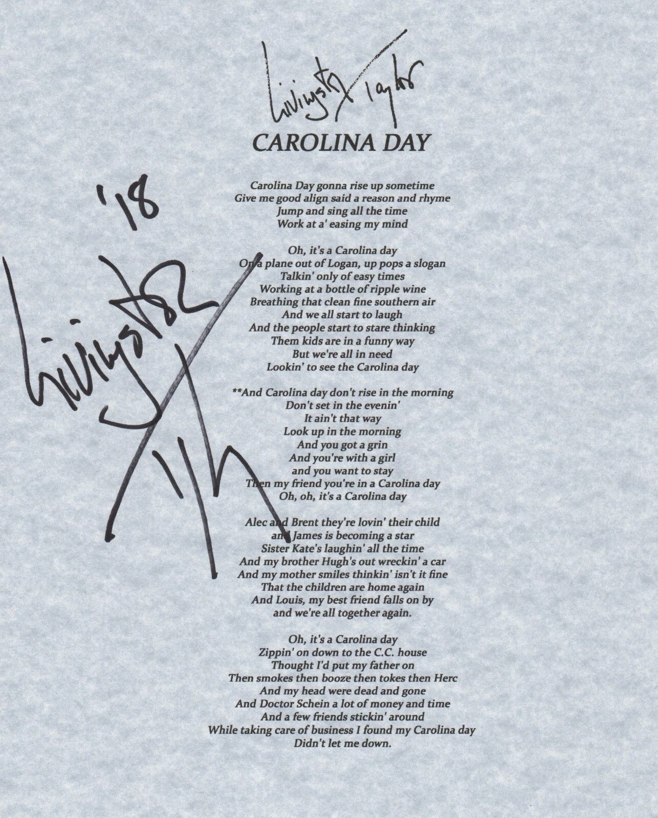 Livingston Taylor REAL hand SIGNED Carolina Day lyric sheet COA