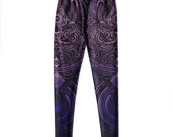 Pornhint Sacred Projection Purple Leggings | Sublimation Print Visionary Art Clothes by Mugwort | Yoga Pink Spiritual Gifts for Her Techwear Geometry