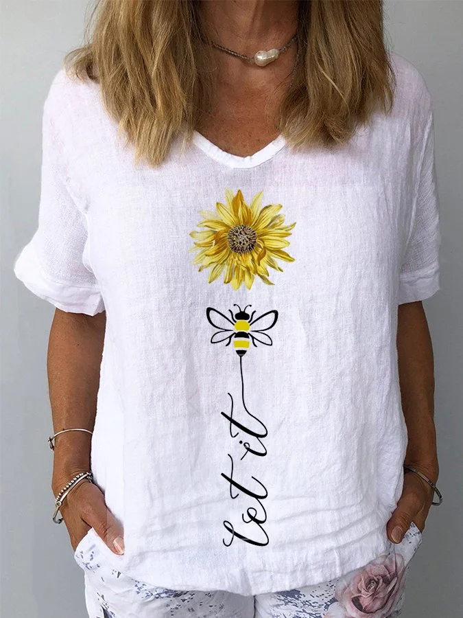 Women's Let it Bee Daisy Print Cotton Linen T-Shirt