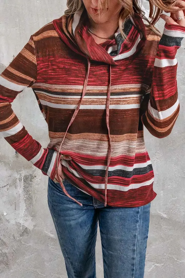 Striped Drawstring Cowl Neck Sweatshirt