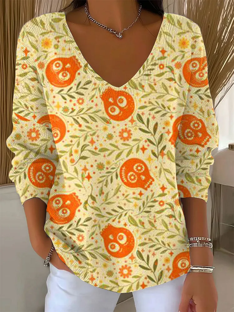 Women's Vintage  Halloween Skull Art Print Casual Pullover Sweater