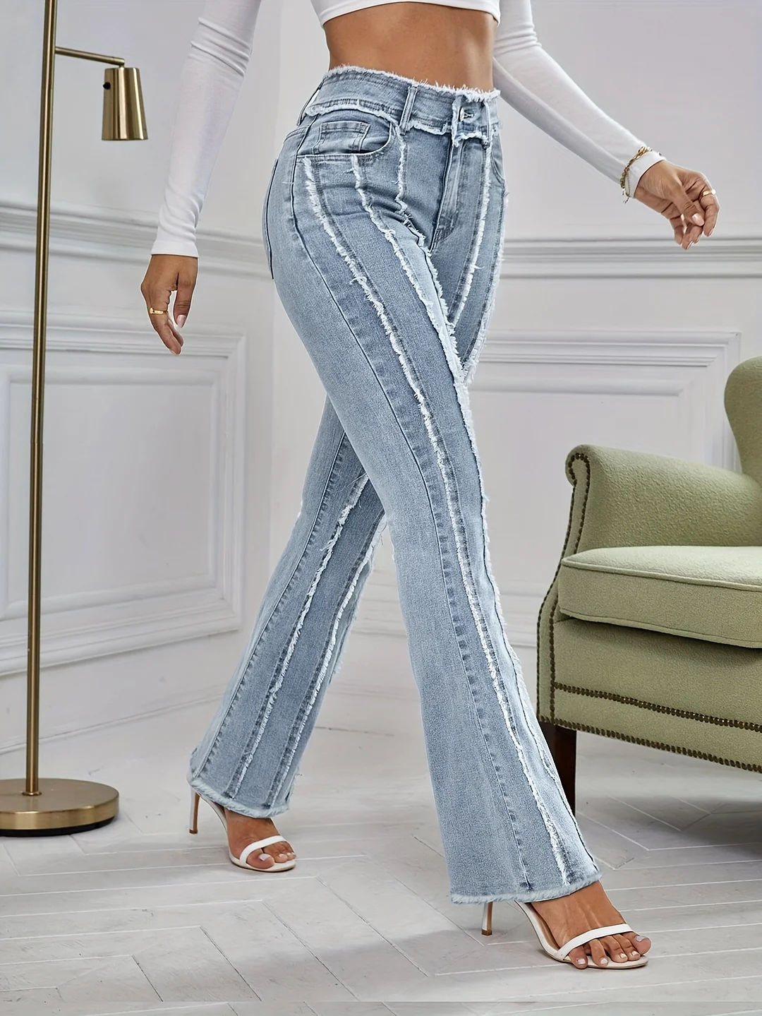 Ladies' Flared Jeans, Hairy Edge Jeans, Vintage Elegance, Slim Fit, Daily Casual, Can Be Paired With Any Outfit | IFYHOME