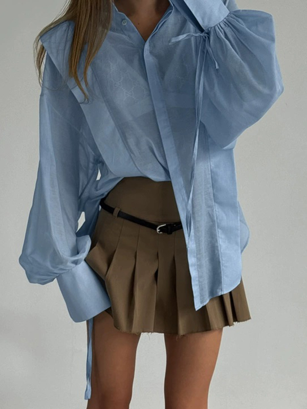 Sheer Lapel Lantern Sleeve Shirt