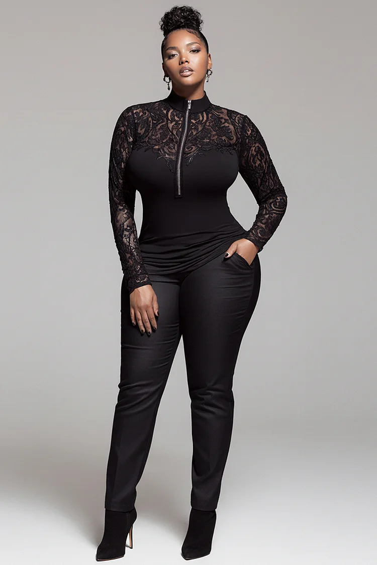 Xpluswear Design Plus Size Daily Black Mock Neck Long Sleeve See Through Casual Zipper Lace Blouses [Pre-Order]