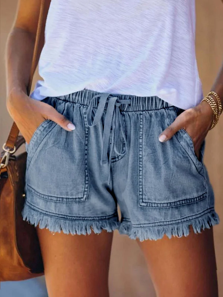 Fashion Plain Pocket Elastic Waist Raw Hem Drawstring Shorts