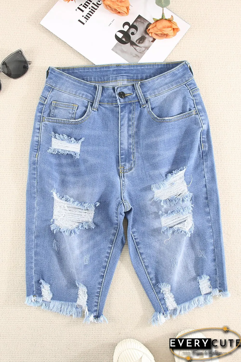 Sky Blue Ripped Tassel Bermuda Jean Shorts