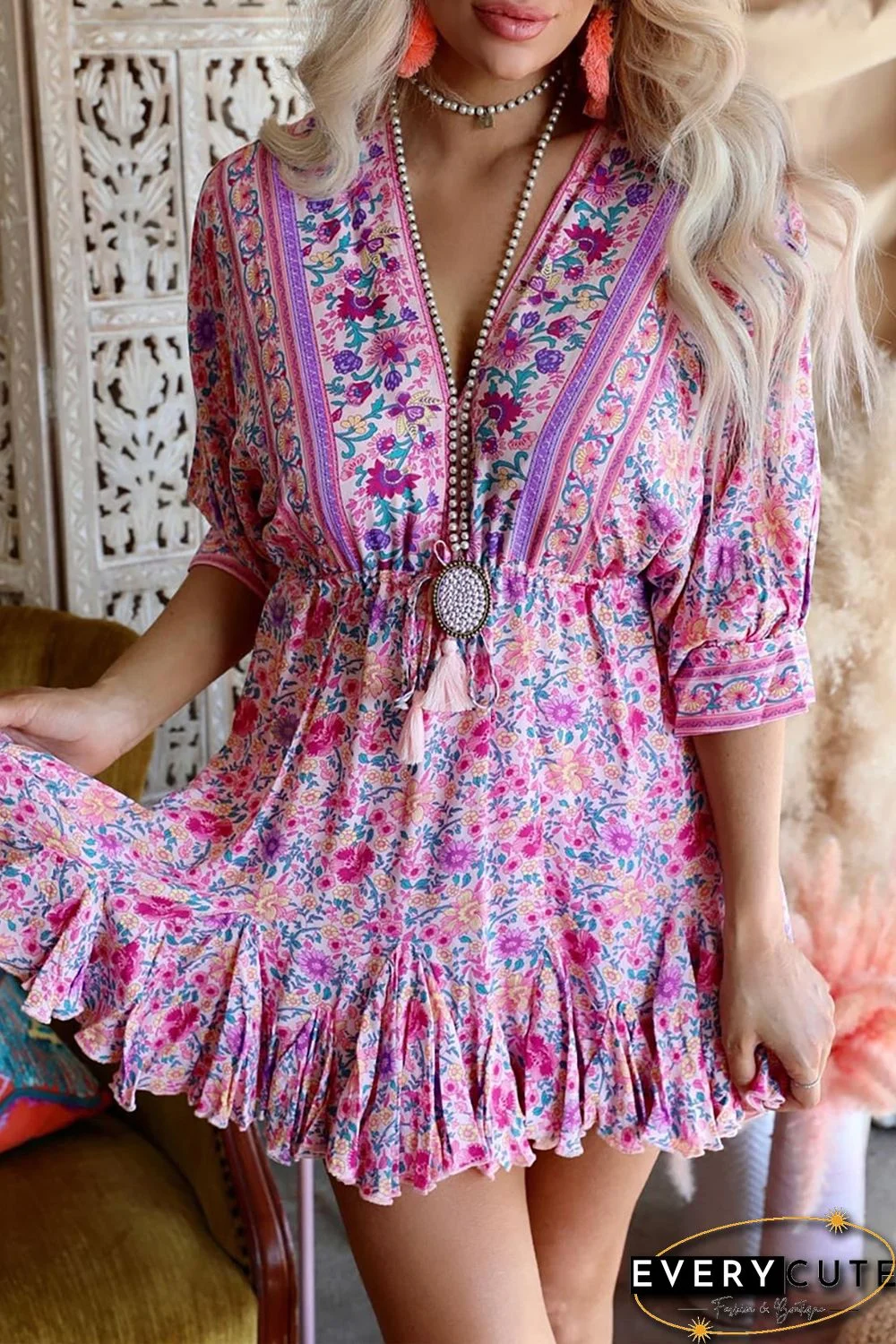 Pink Boho Ruffled V Neck Floral Mini Dress