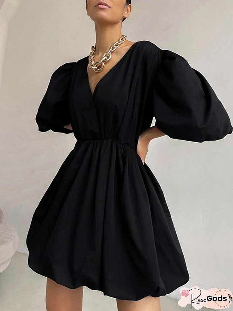 Elegant Puff Sleeve High Waist Mini Dress Summer Sexy V Neck Pleated Solid Short Dress Women Fashion Elastic Waist Party Dresses