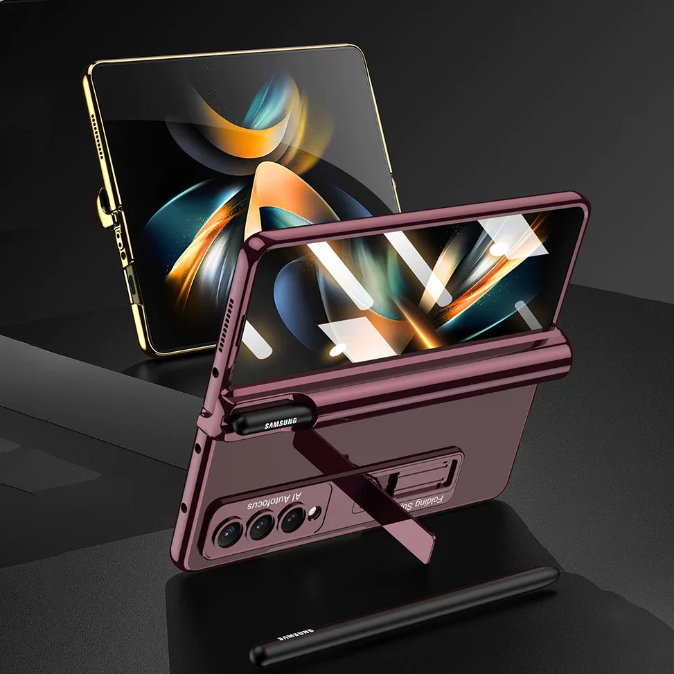 For Samsung ZFold4 Magnetic Hinge Folding Shell Film Electroplating Bracket Pen Slot Mobile Phone Case