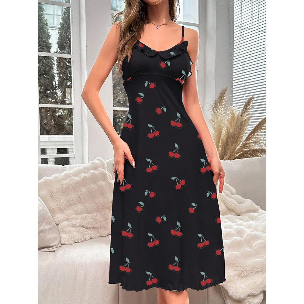 Uveng Uveng Cherry Print Medium And Long Dress Pyjamas Sexy Comfortable Home Clothes Women