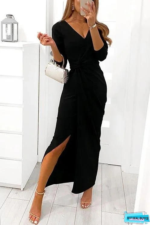 Meridress Wrapped V Neck Waisted Slit Maxi Party Dress