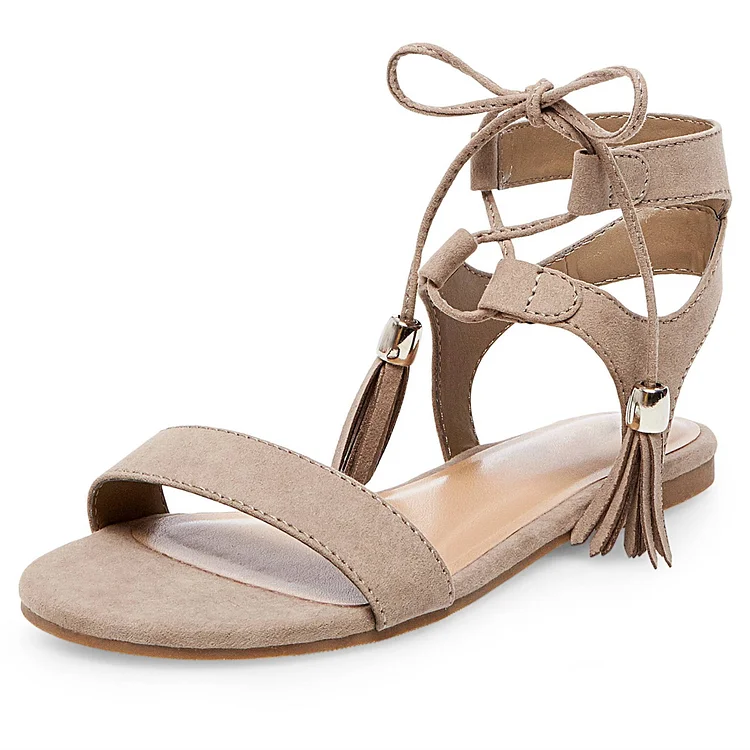 Khaki Gladiator Sandals Open Toe Lace Up Flats |FSJ Shoes