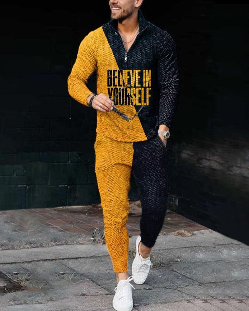 men's casual letter stitching printing long-sleeved suit