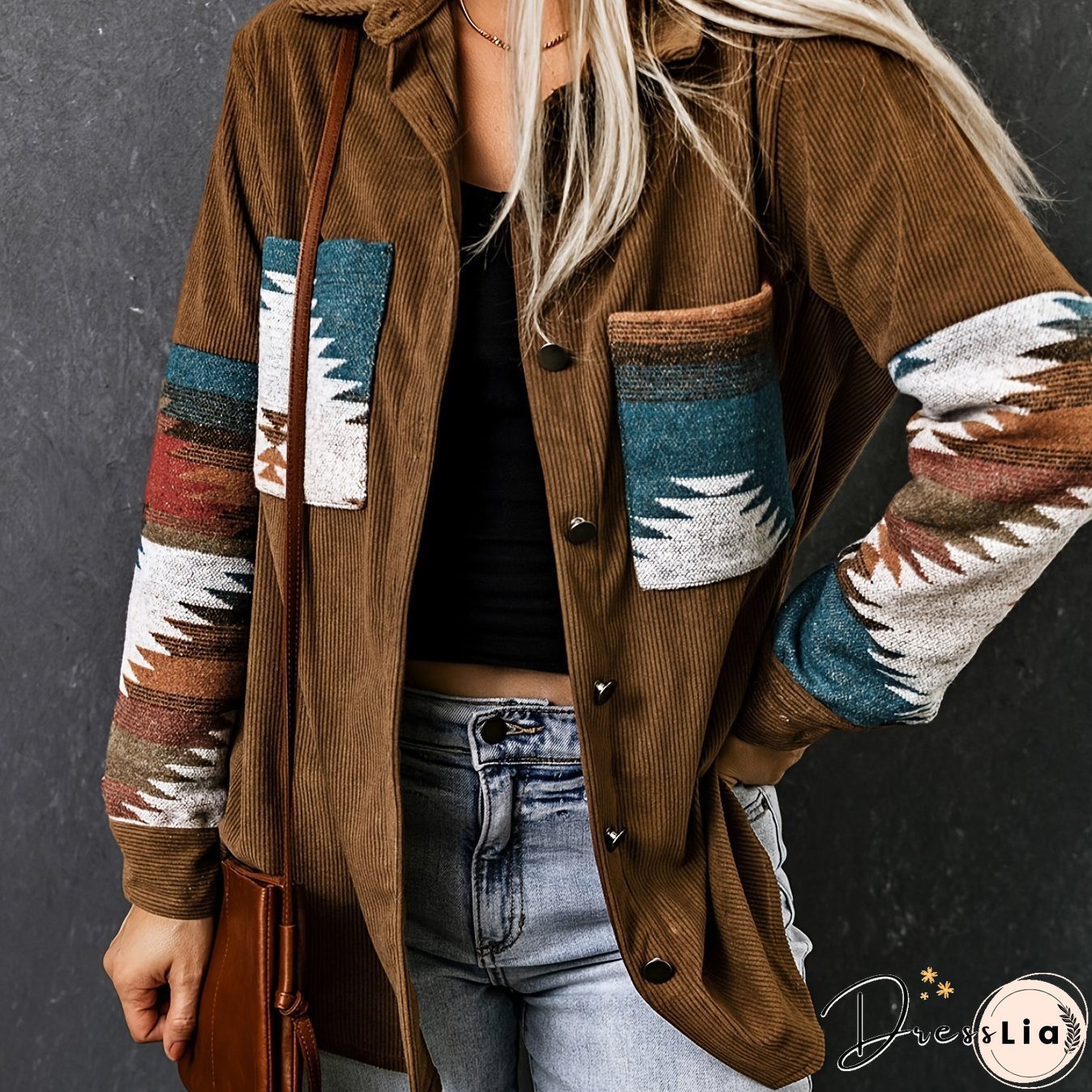 Aztec Pattern Color Block Jacket, Vintage Patched Pocket Corduroy Outwear For Fall & Winter, Women's Clothing