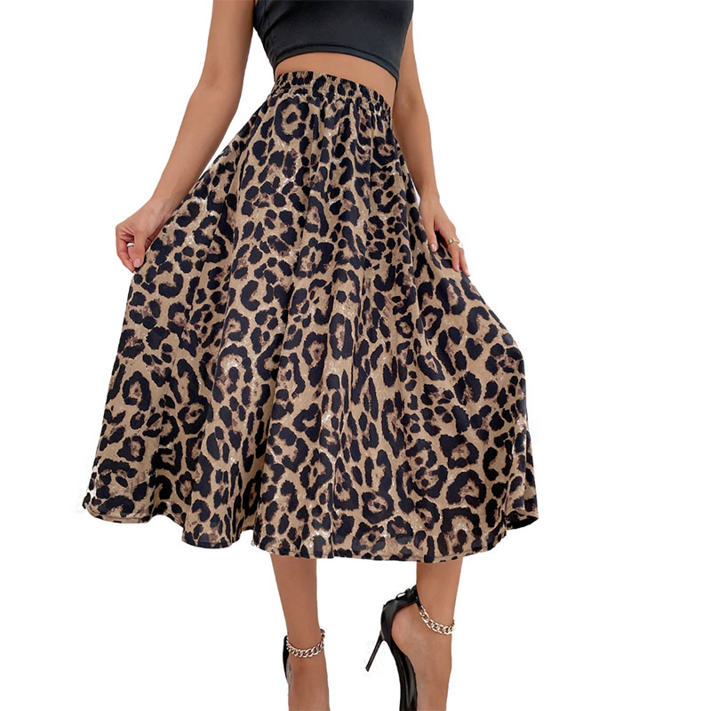 Summer Leopard Print Long Skirt Women Vintage Elastic High Waist Loose Chiffon Skirts Female Elegant Streetwear A-Line Skirt