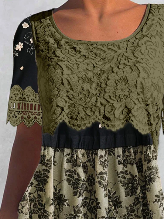 Women's Short Sleeve Scoop Neck Lace Stitching Graphic Top