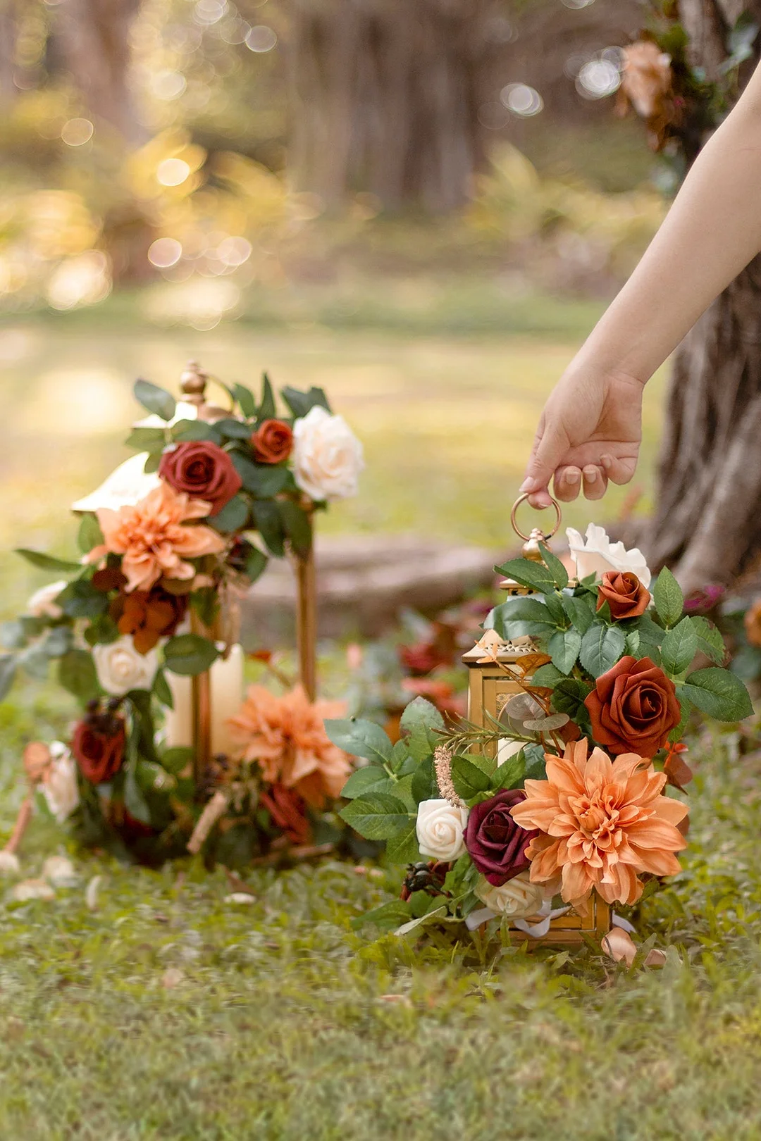 Lantern Floral Arrangements in Sunset Terracotta