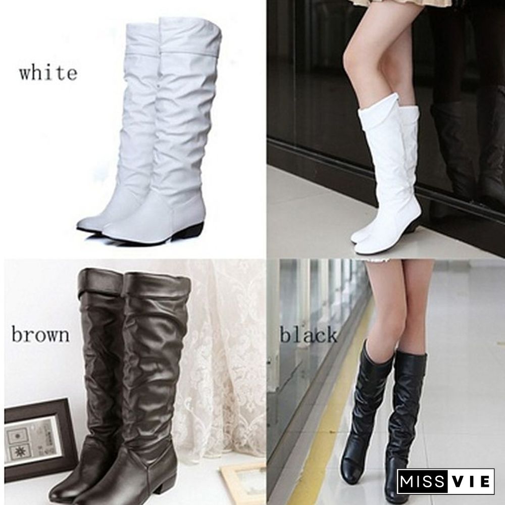 Women Fashion Mid-Calf Women Faux Leather Boots Black White Brown Flat Heels Half Boots Autumn Winter Shoes 35-43