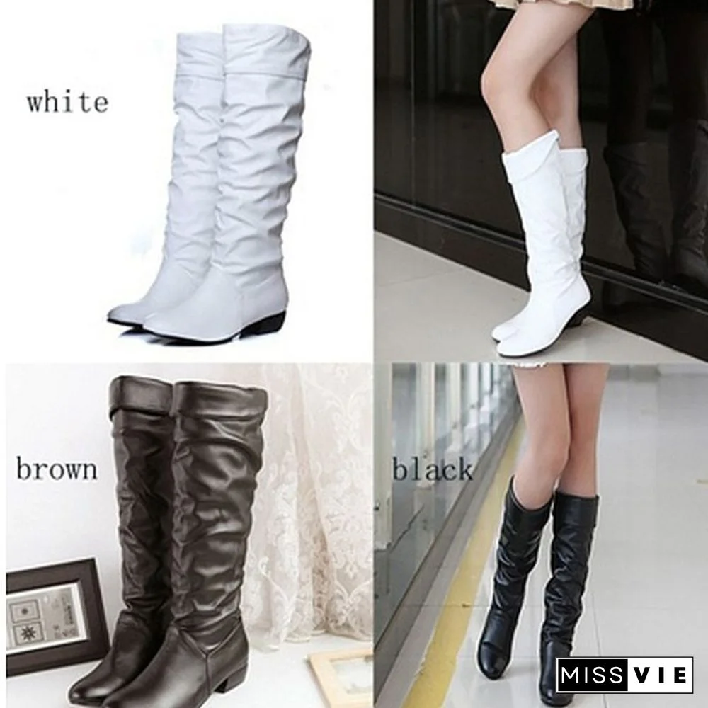 Women Fashion Mid-Calf Women Faux Leather Boots Black White Brown Flat Heels Half Boots Autumn Winter Shoes 35-43