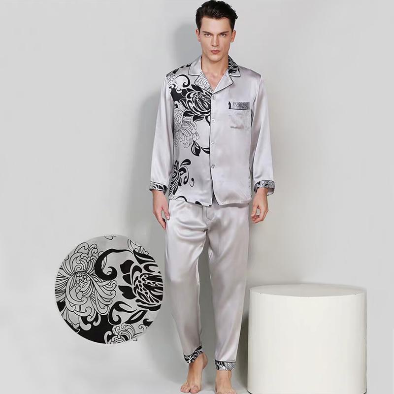 Chrysanthemum Print Silk Pajamas Set for Men Details