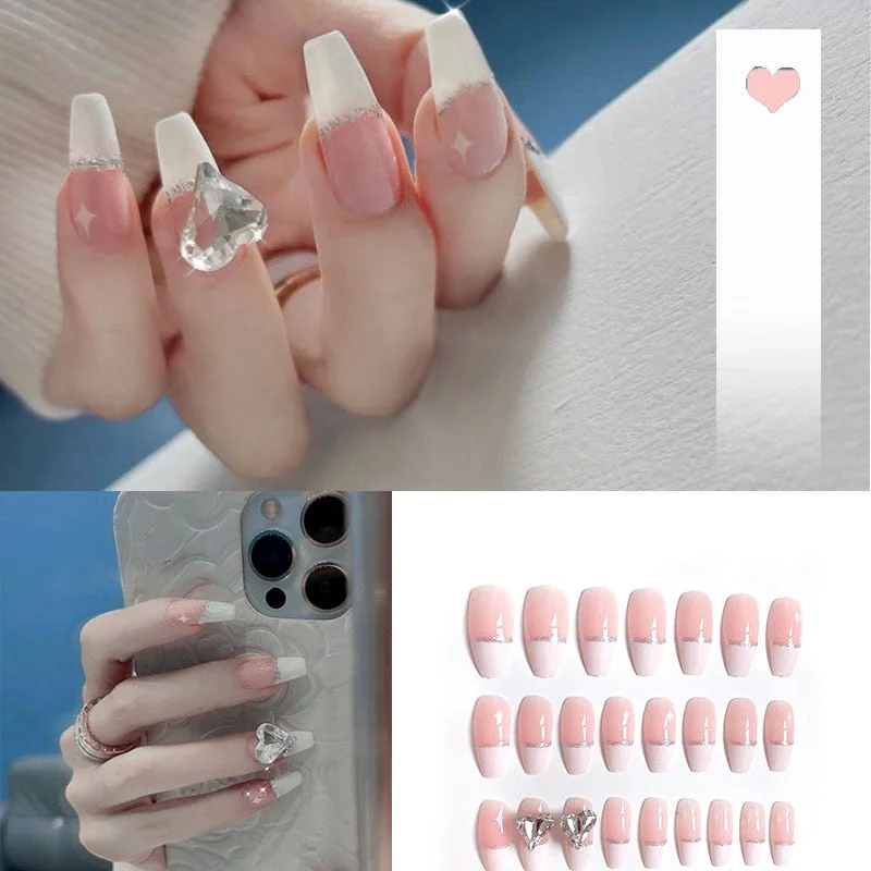 24pcs acrylic nail tips Ombre  Pearl Pink Fake Nail Super Long Stiletto Full Cover Color Glossy Acrylic Nail Kits Sets with Glue-Nail Inspo