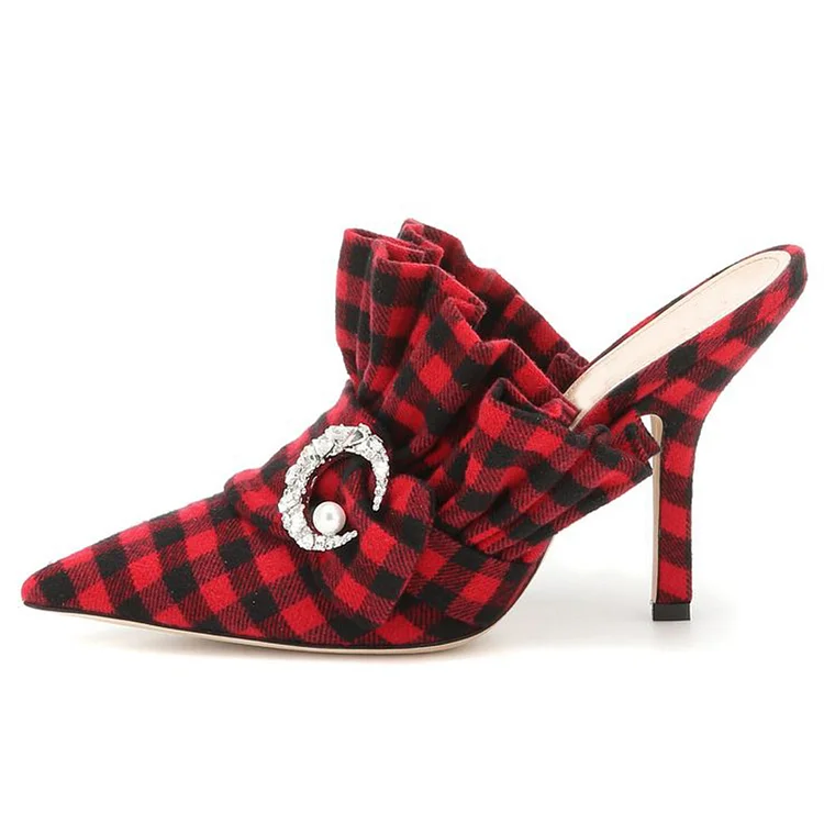 Ponted Toe Folded Pumps Women's Vintage Plaid Shoes Casual Mule Heels |FSJ Shoes