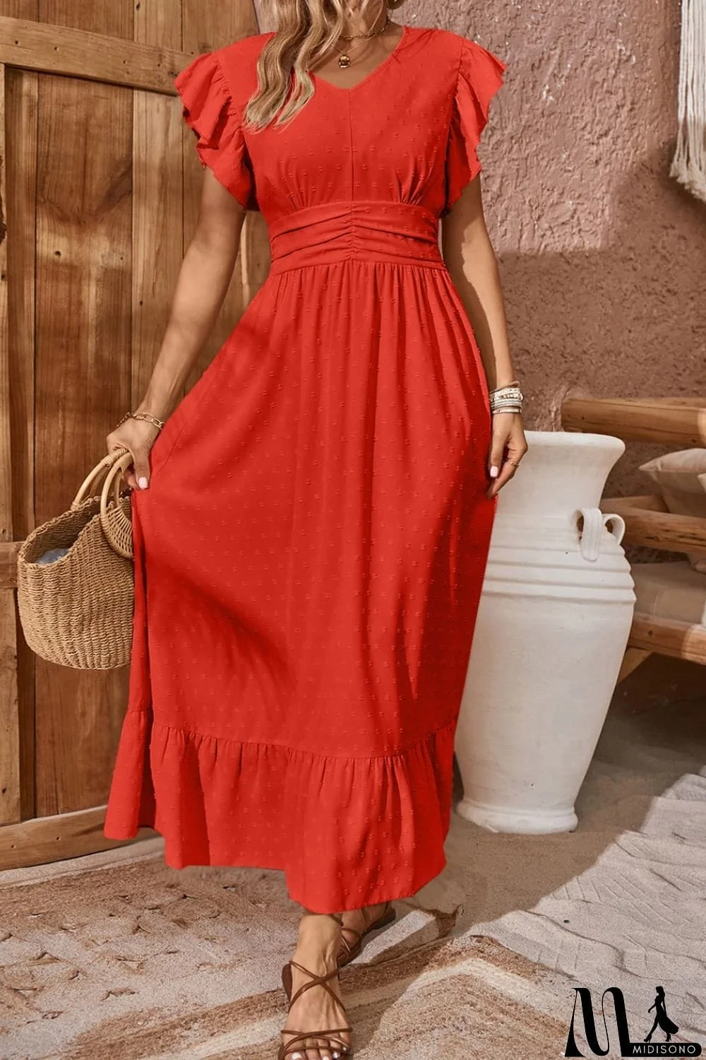 MidiSono - Swiss Dot V-Neck Flutter Sleeve Dress