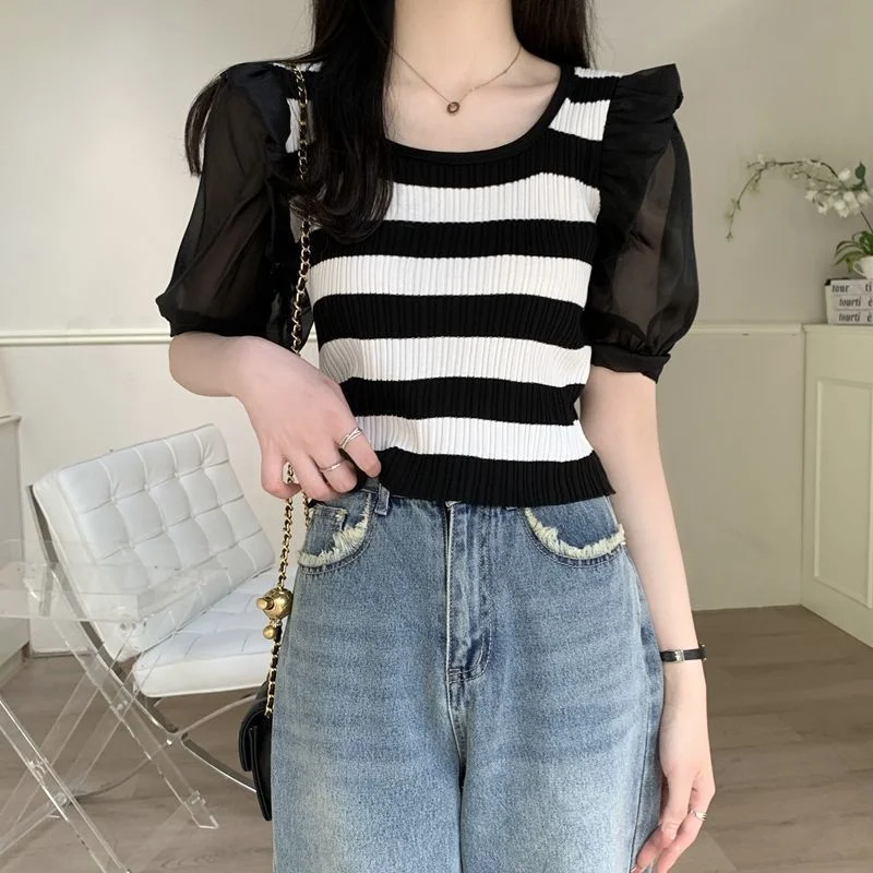 Uveng Uveng Bump Striped Short-Sleeved Knitted Shirt Women's Thin Summer Design Sense Of Small Unique Special Loose Top