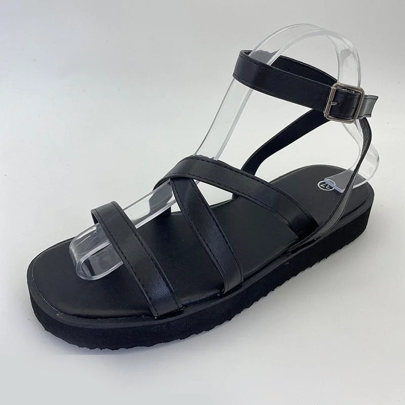 Women Platform Sandals Summer PU Leather Ankle Buckle Strap Flats Sandals Ladies Cross Casual Sandalies Female Beach Shoes 2021