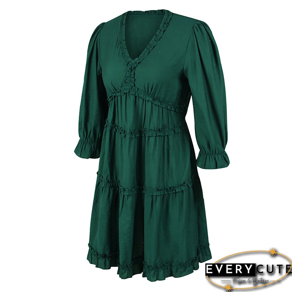 Green V Neck Ruffle Mini Dress
