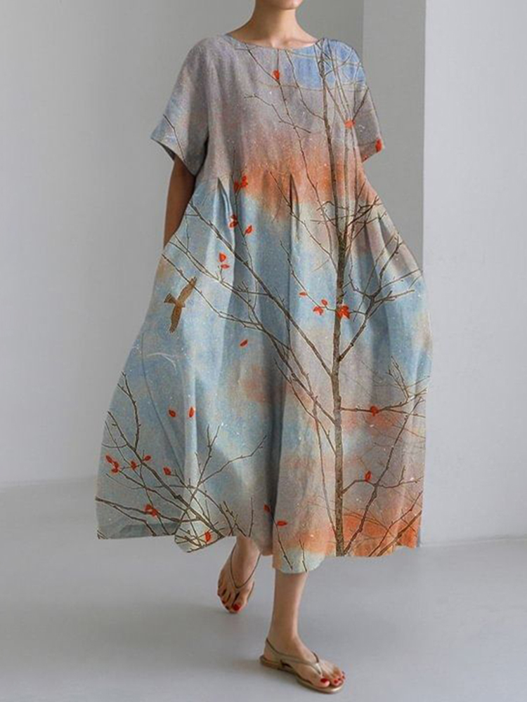 Comstylish Floral Art Print Short Sleeve Loose Midi Dress