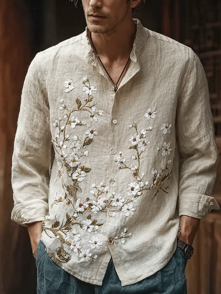 Bohemian Retro Style Floral Print Men's Long-sleeve Shirt  artssus