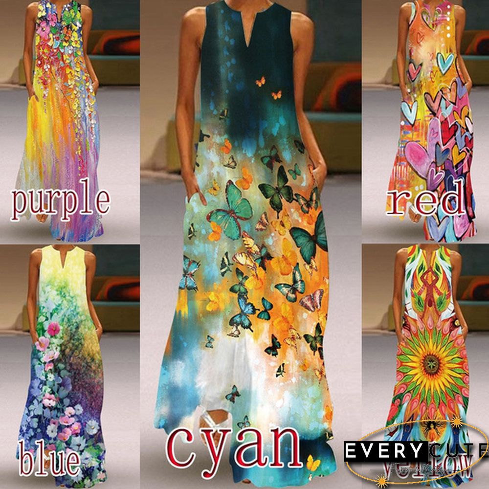 Casual Womens Fashion Sleeveless V-Neck Colorful Dress Vest Long Maxi Plus Size Beach