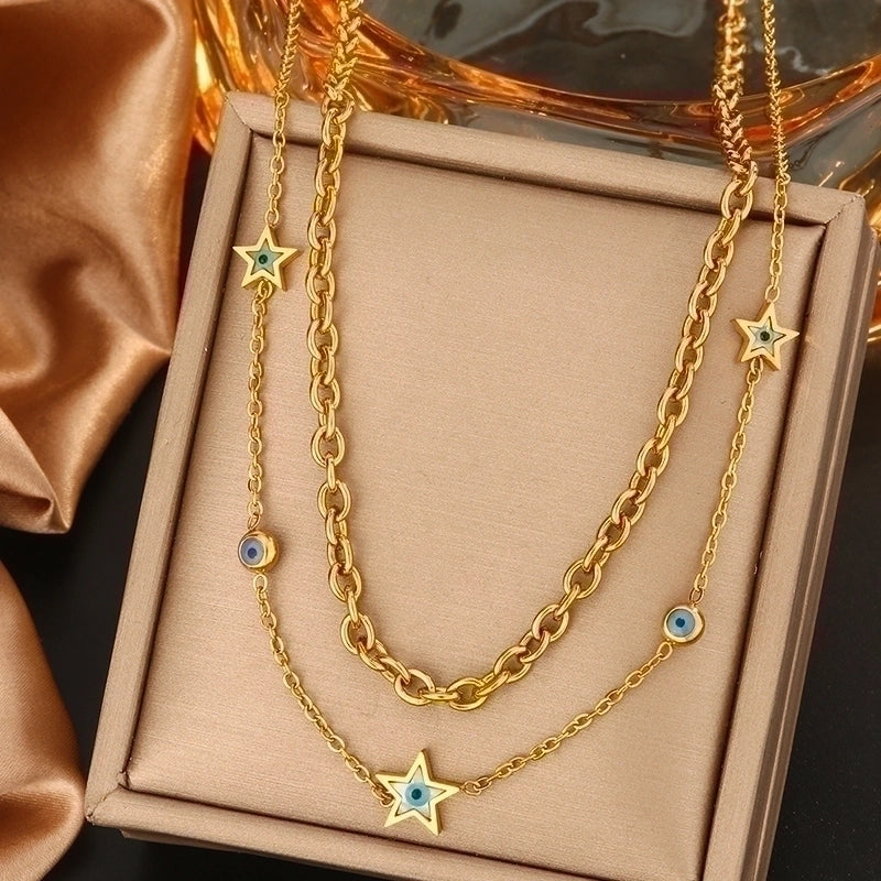 Vintage Style Commute Devil’s Eye Star Moon 304 Stainless Steel Turquoise Rhinestones Shell 18K Gold Plated Plating Inlay Layered Necklaces