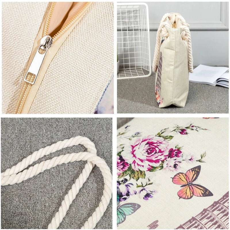 Women’s Medium Linen Starfish Beach Shell Beach Classic Style Square Zipper Tote Bag Beach Bag