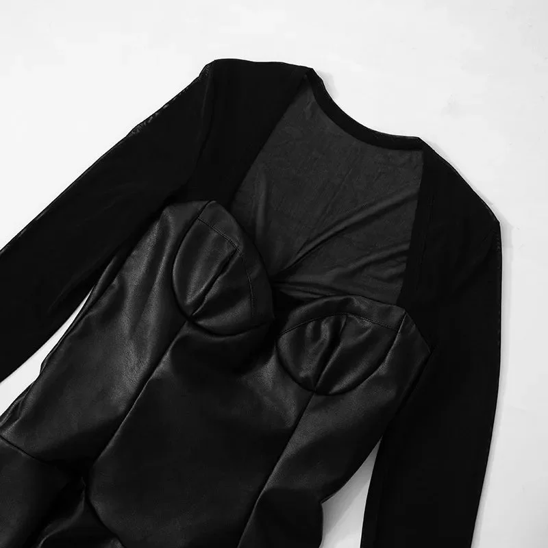 Churchf Black Long Sleeve Mesh PU Leather Mini Dress