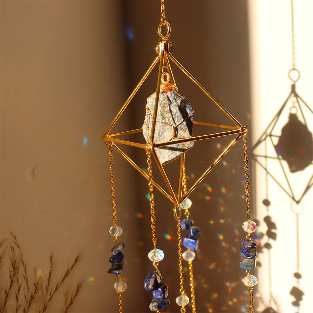 Crystal Wind Chimes Natural Stone Prism Light Catcher Decor (Dark Blue)