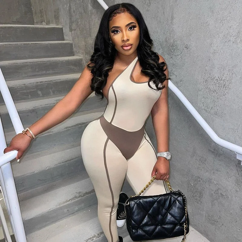 BIIKPIIK Cycling Fitness Jumpsuits Women Yoga Tracksuit One Shoulder Sleeveless Patchwork Sporty Stretch Overall Bodycon Rompers