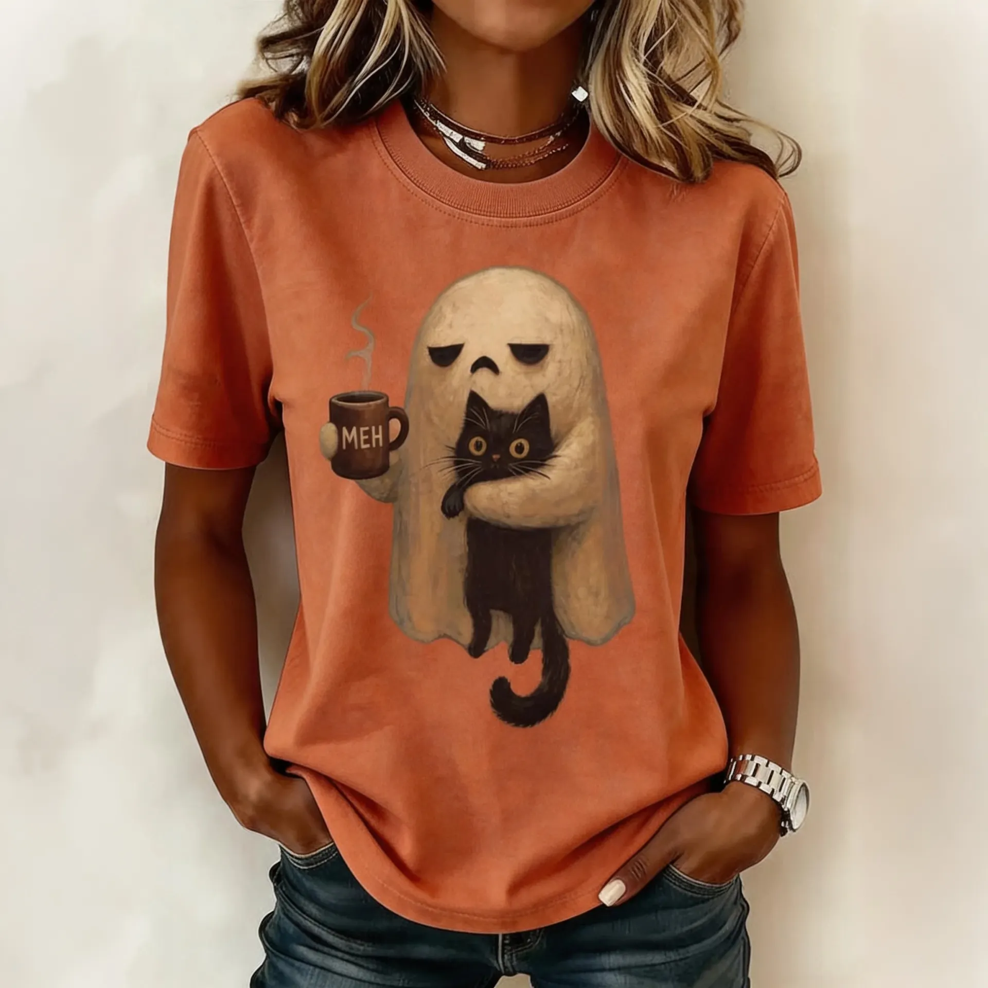 Comstylish Women's Retro Halloween Ghost And Cat Pattern Crew Neck T-shirt