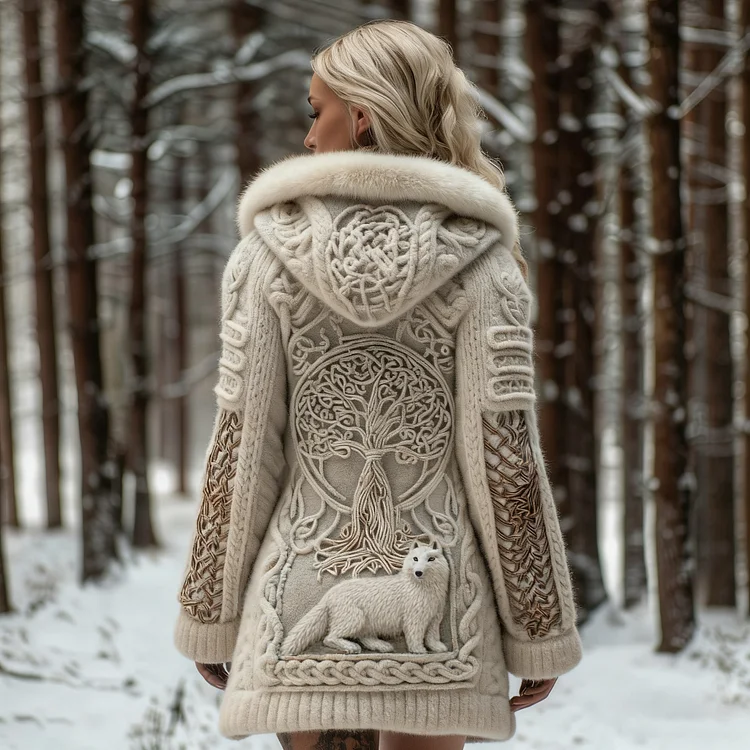 Women's White Fox And Tree Of Life Celtic Jacquard Cozy Fur Collar Knit Hooded Cardigan