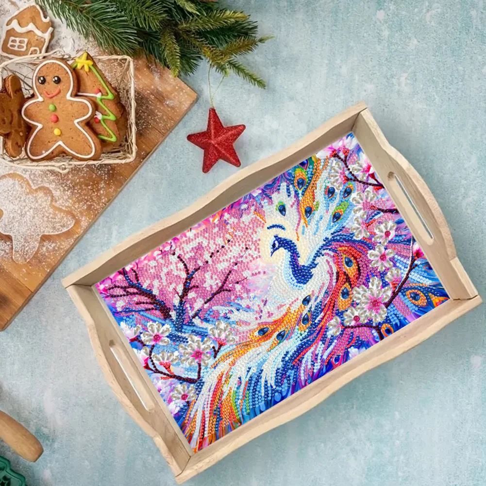 Wooden Peach Blossom Peacock 5D DIY Diamond Painting Tray Art Craft with Handle