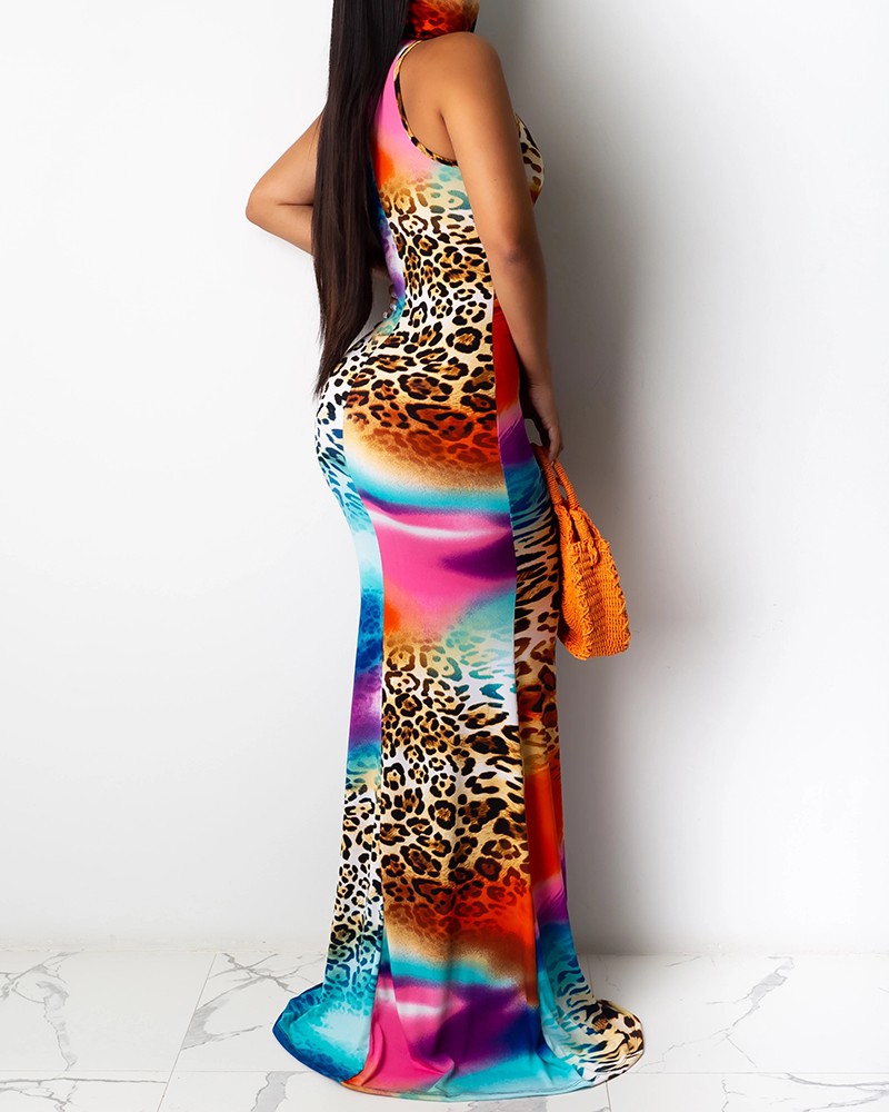 Cheetah Tie Dye Print Mermaid Sleeveless Maxi Dress