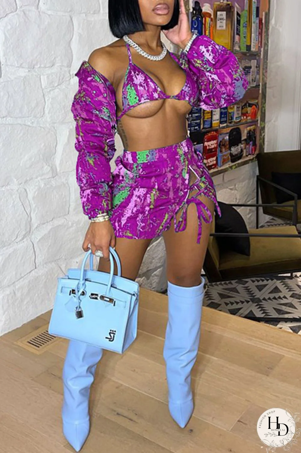 Purple Fashion Sexy Print Strap Design Long Sleeve Three-piece Set