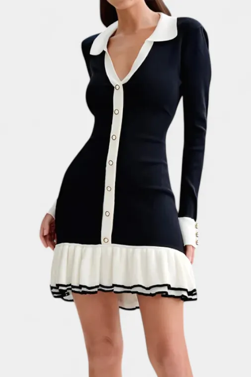 Contrast Collar Button-Front Mini Dress