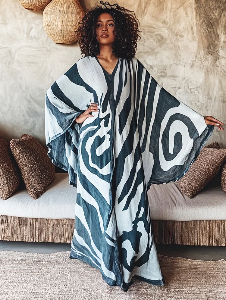 Brushstroke Art Blue Color Linen V-neck Long Kaftan